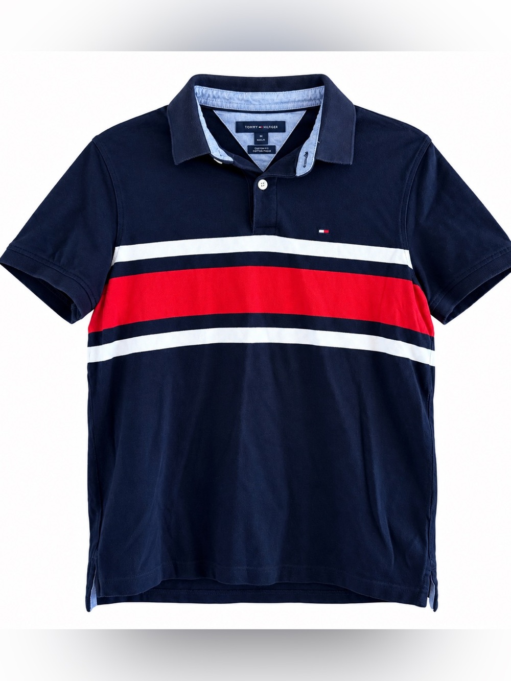Tommy Hilfiger Men’s M Navy Red White Stripe Custom Fit Polo